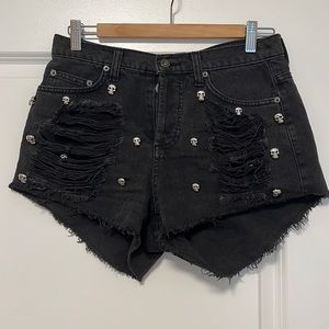 CARMAR Black High Waisted Distressed Jean Shorts with Skulls
